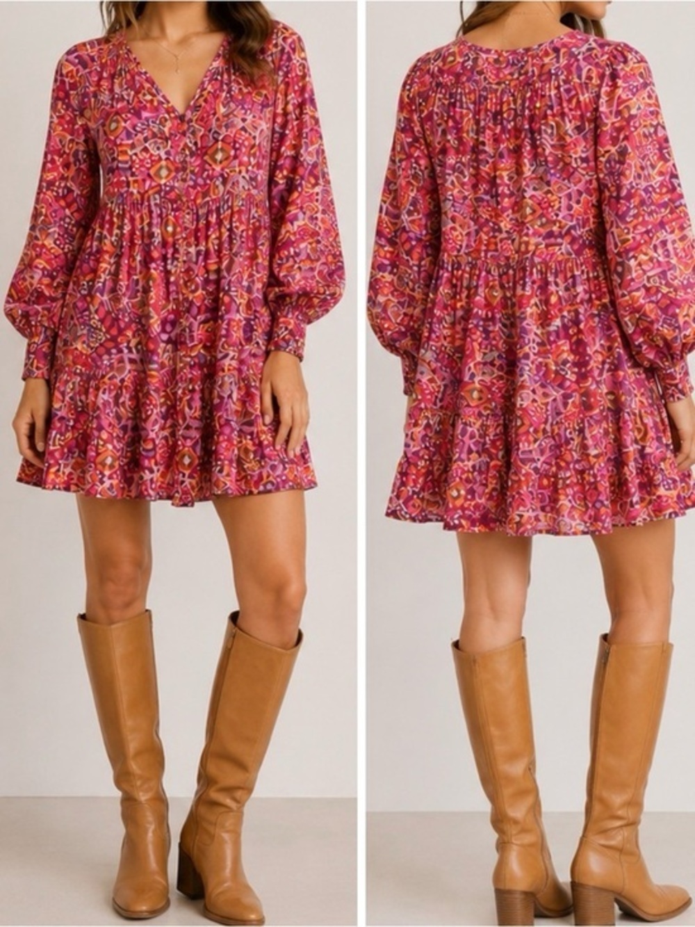 XiRENA Lilith Pink Print Cotton Mini Dress Long Sleeve Boho XS